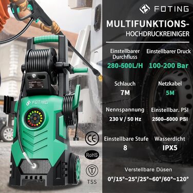 Високотискний мийник 2026 Neu 180 бар, 6-в-1 насадка, 420 л/год, 50 м²/год, економія води, з піноплавником 500 мл та барабаном для шланга (33x32x86 см, блакитний)