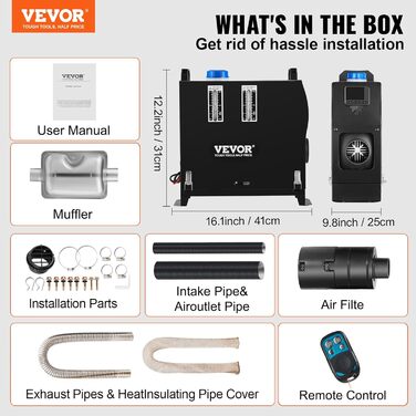 Дизельний обігрівач VEVOR 8 кВт, 12/24V, портативний, з Bluetooth, пультом та LCD-екраном, 5л бак для вантажівок/автобусів/кемперів (чорний)