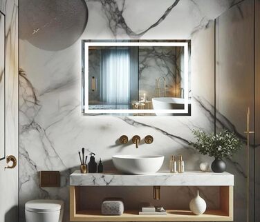 LED дзеркало для ванної кімнати з підсвічуванням, настінне, диммер, колір світла: теплий, холодний, нейтральний, сучасний дизайн, антизапар, енергозберігаюче, 50 x 120 см