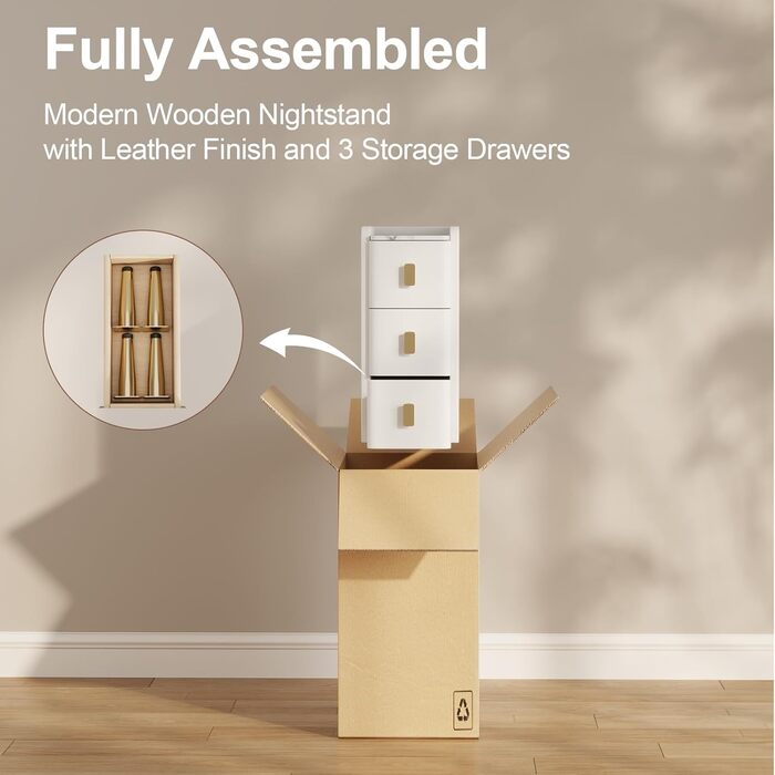 Нічний столик AQIMUELE, білий, з 2 висувними ящиками, 30 см, без встановлення, шкіряна поверхня