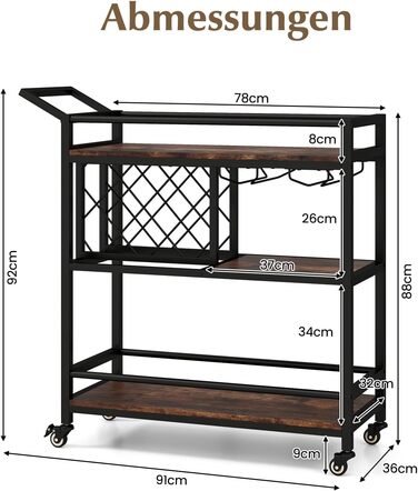 Візок для сервірування GOPLUS 3 яруси, кухонний візок з полицею для пляшок, тримачем для скла та коліщатками, сільський коричневий