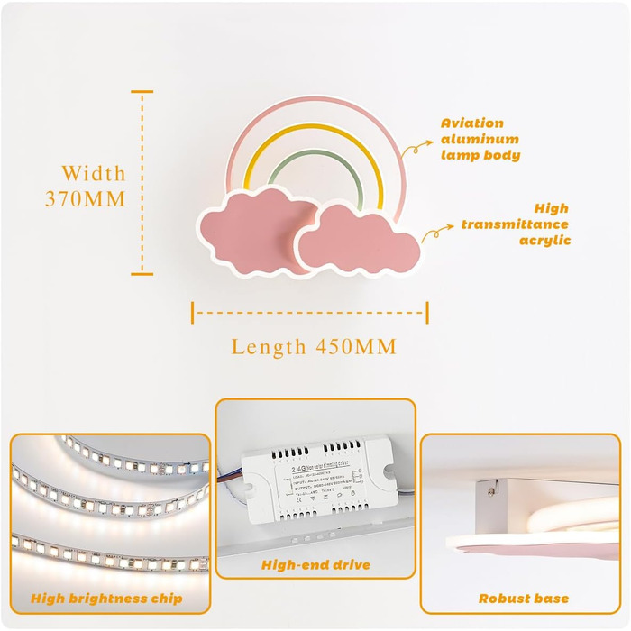 Світлодіодний дитячий стельовий світильник Clouds Rainbow Dimmable з дистанційним керуванням, нічник, 45см