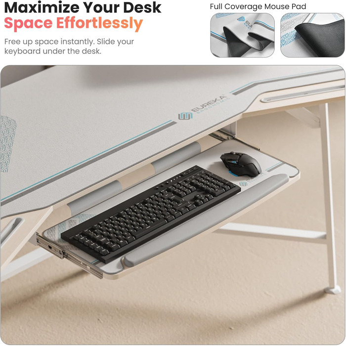 Ігровий стіл EUREKA ERGONOMIC 160x74 см з крилами, для ПК, з 2 відсіками для iPad, для дому, офісу, стрімінгу, білий акорн