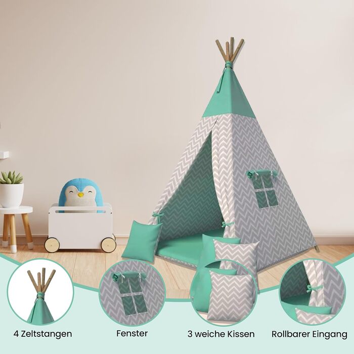 Дитячий намет-тіпі: іграшковий намет для дітей, м'якими подушками, довговічний, дружній до дітей, зелений, для дитячої кімнати