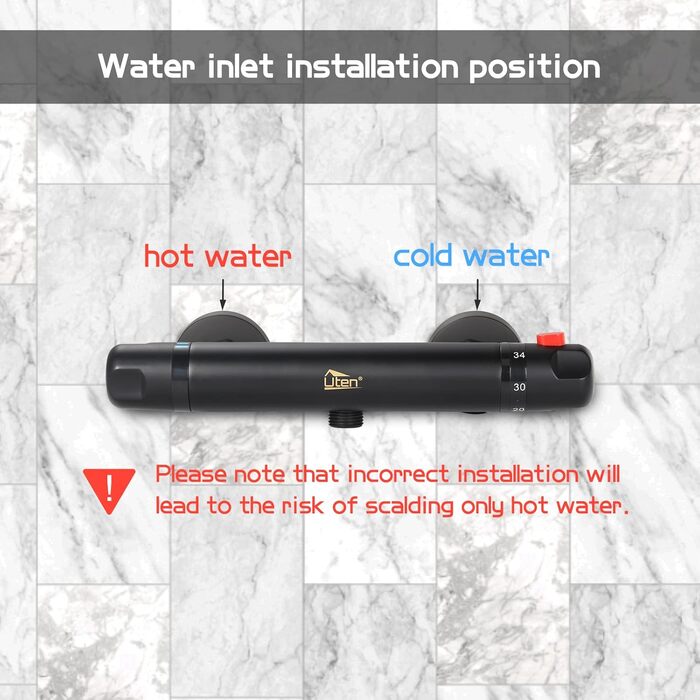 Змішувач для ванни з термостатом Uten, чорний, латунь, 2 виходи, захист 38°C