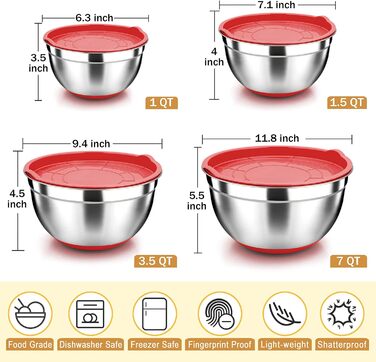 Миски для змішування Herogo з герметичними кришками Набір з 4 гніздових мисок з нержавіючої сталі з відповідними кришками та нековзною силіконовою основою Розмір 4 7 3,5 1,5 4 штуки Великі металеві миски для змішування, (червоний)