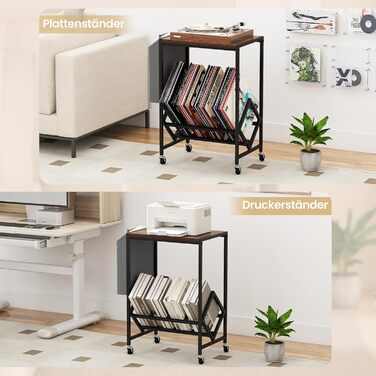 COSTWAY Регулятор для платівки, полиця для платівок з місцем для зберігання вінілу та журналів, підставка для платівок з фіксуючими колесами, приліжкова тумбочка для вітальні, спальні (колір: коричневий)