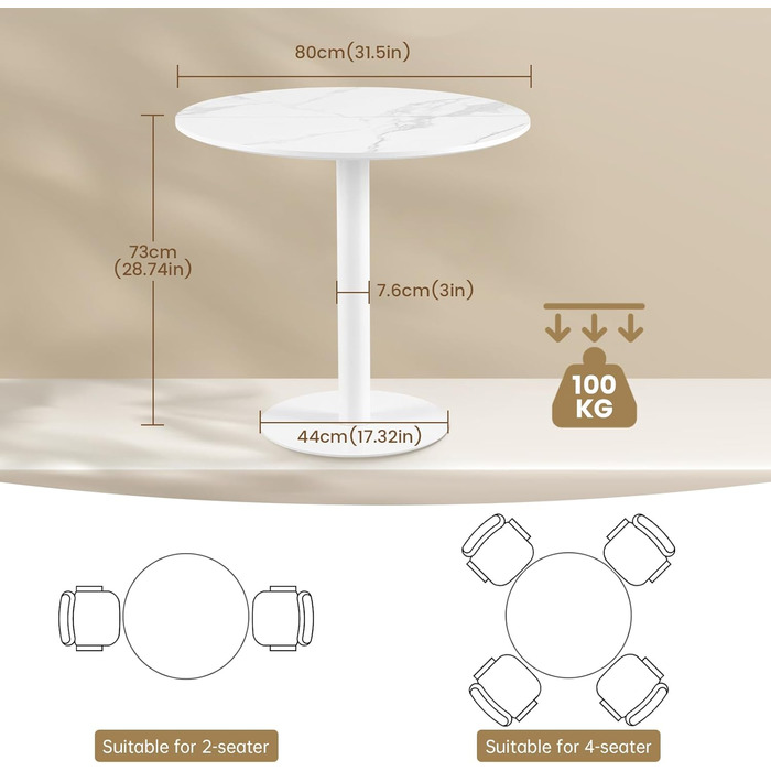 Круглий обідній стіл для кухні, вітальні, балкону. Білий стіл 70x70 см з мармуровою стільницею та прямою ніжкою