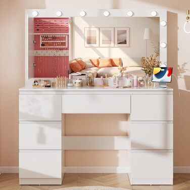 Дзеркальний туалетний столик Airfish з LED-підсвіткою та великим дзеркалом, 120x40x140 см. Туалетний столик з шухлядами та косметичним ящиком для спальні, білий