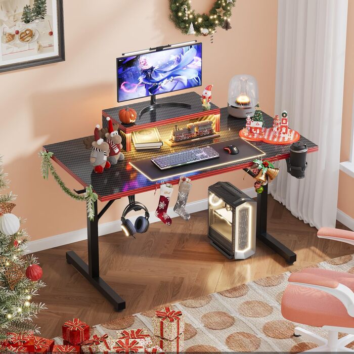 Ігровий стіл Devoko 160x60 см з LED підсвічуванням, з підставкою для монітора, карбоновим покриттям, ергономічний, з тримачем для чашки та гачком для навушників