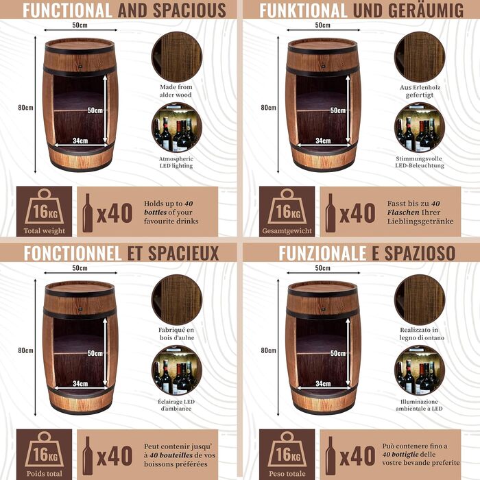 Дерев'яний бар з полицями для вина CREATIVE COOPER Fass - LED підсвітка, 80x50 см, стилістика рустік