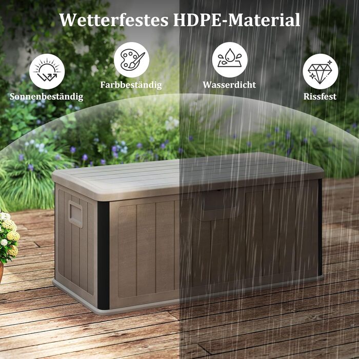 Ящик садовий COSTWAY 378 л, водонепроникний, з кришкою на замок, для подушок та інструментів, коричневий