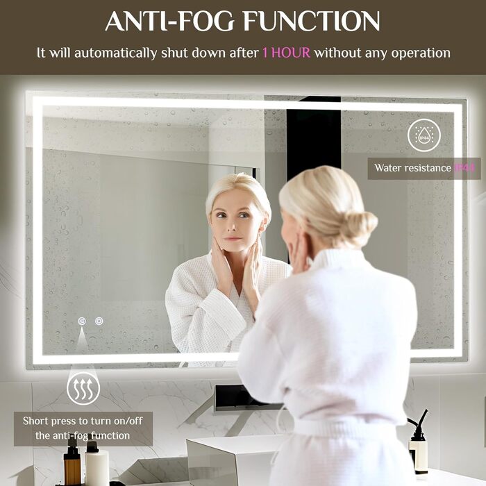 Дзеркало для ванної кімнати з підсвічуванням 80x60 см, LED дзеркало з 3 кольорами світла, регулюванням яскравості, захисне скло, сенсорне управління, функція пам'яті, запобігання запотіванню, для ванної кімнати