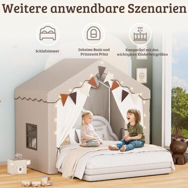 Дитяче намет-будиночок EROMMY 2-в-1 з килимком, прапорцями та світлодіодними смугами, двостулковими дверима, даховим вікном, для дому, вік 3+, коричневий