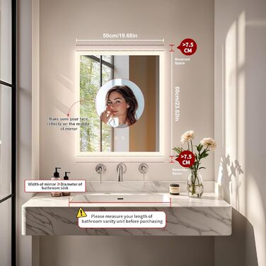 Дзеркало для ванної кімнати LUVODI з підсвічуванням 40x50 см: регульоване LED дзеркало з 3 кольорами світла, 2 сенсорні кнопки, запобігає запотіванню, водонепроникне, монтаж на стіну (горизонтальний/вертикальний)