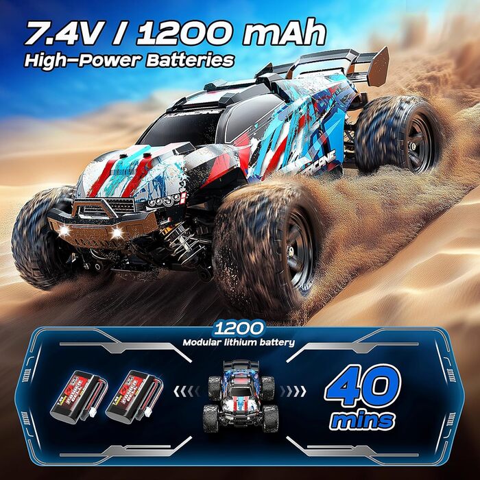 RC Автомобіль 1:18 Monstertruck 4WD, Повнопривідний позашляховик 40 км/год з металевим редуктором та 2x акумуляторами 1300mAh, Синій - для дорослих та дітей від 10 років