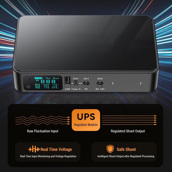 Jectse Mini UPS - Безперебійник живлення 5V/9V/12V, 18000mAh, для роутера, регульована вихідна напруга, підтримка 2 пристроїв