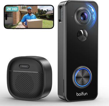 Відеодзвінок BOIFUN з камерою, 2K, Wi-Fi, 180° огляд, 2-сторонній аудіо, AI-розпізнавання руху, IP65, сумісний з Alexa, без підписки