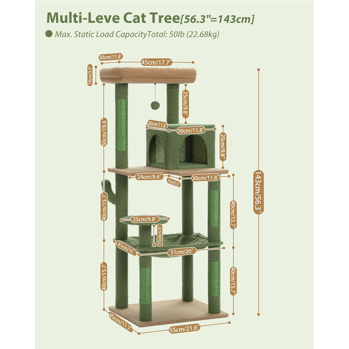 Котяче дерево, 2 кондомініуми, 6 ярусів, велике сидіння, 143см, зелений