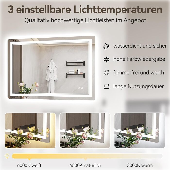 Дзеркало для ванної кімнати зі світлодіодним підсвічуванням 70x50 см, LED Smart дзеркало, антизапар, 3 кольори, регулювання яскравості, горизонтальне/вертикальне кріплення