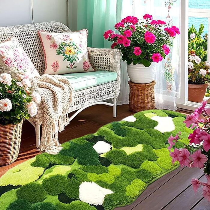 Килимок для ванної кімнати з м'яким зеленим мохом, 61 x 152 см, Boho стиль, антиковзаюча, швидковисихаюча, для ванної, кухні, спальні