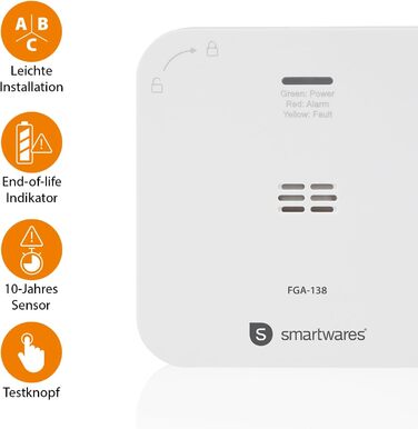 Smartwares Ко-Детектор диму та газу WiFi – 85 дБ, 10 років роботи сенсора, сповіщення через додаток, кнопка тестування, білий