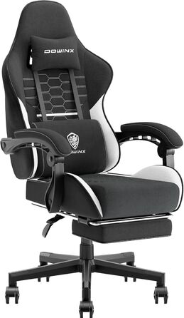 Ігровий крісло Dowinx з підголівником та підставкою для ніг, тканинне, з масажем, чорно-біле, ергономічне