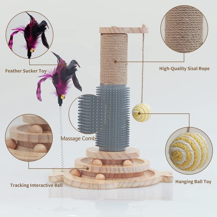 Іграшка для кішок Marchul 5 в 1, котяча когтеточка з сизалевої мотузки з підвішеним м'ячем, інтерактивна іграшка для відстеження м'яч для кішок з пружними пір'ям, Масажуюча когтеточка для кішок, з якою можна пограти в будинку у формі рибки
