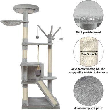 Котяче дерево з морської фіалки велике, міцне котяче дерево котяче дерево, колони, загорнуті натуральним сизалем, котяче дерево XXL з розширеною і потовщеною нижньою пластиною Багаторівнева платформа, 167 см (світло-сірий)