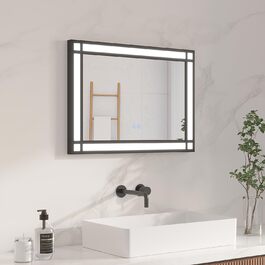 Дзеркало для ванної кімнати AQUABATOS LED з підсвічуванням 50x70 см, імітація вікна, сенсорне регулювання, антизапар, чорний алюмінієвий каркас, індустріальний стиль