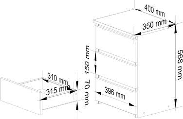 Тумбочка AKORD Комод CL-3, 3 шухляди, 40x57x35 см, 26 кг, Графіт Сірий/Дуб Артизан