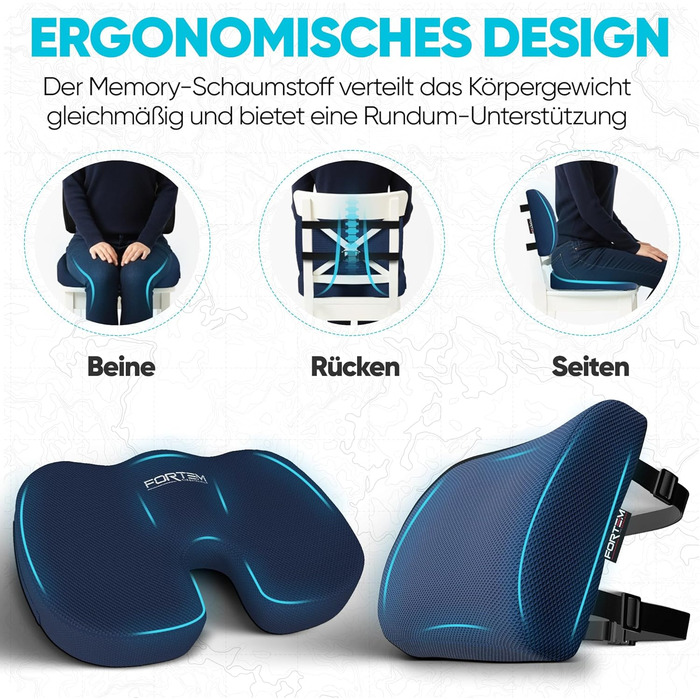 Подушка для сидіння та підтримки попереку FORTEM XL - м'яка, з memory foam, для офісного крісла, авто, геймінгу. Великий розмір, синій сітчастий матеріал