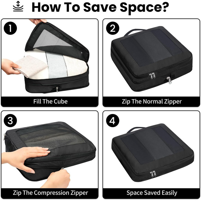 Набір компресійних органайзерів для подорожей з сіткою, розширювані пакувальні куби для одягу в валізу, чорний, 6 шт.