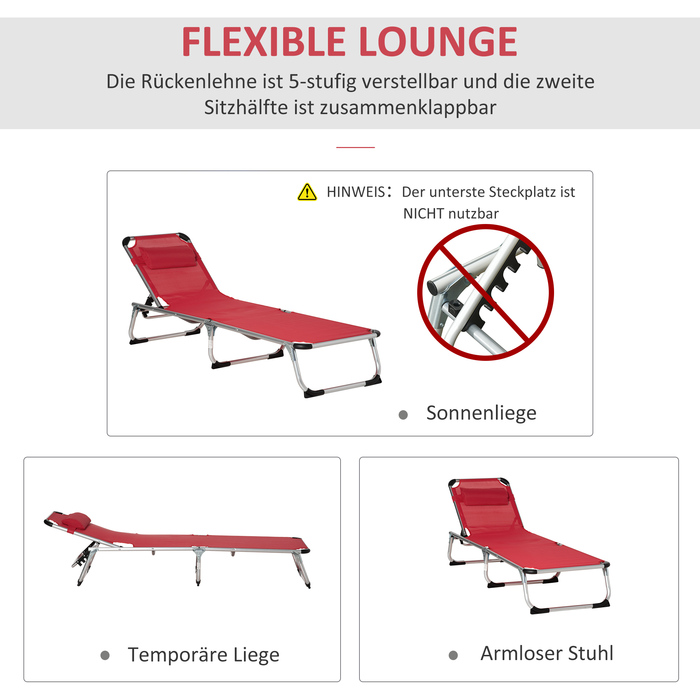 Outsunny Sun Lounger Садовий шезлонг 5-позиційний регульований складний ергономічний з сіткою червоний 165 x 60 x 76 см для відпочинку на свіжому повітрі