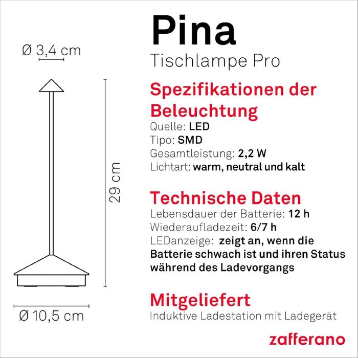 Zafferano Pina - Бездротова LED-лампа для дому та саду з торшетом Corten, сенсорне керування, димер, 2200-3000K, 29 см