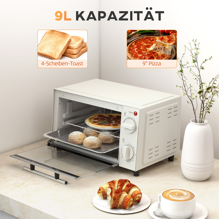 HOMCOM Міні-піч 9L Міні-піч із деко, решіткою для гриля, 100 °C-230 °C, з регульованою температурою та часом приготування, 60-хвилинний таймер, 750 Вт, нержавіюча сталь, кремово-білий | Aosom