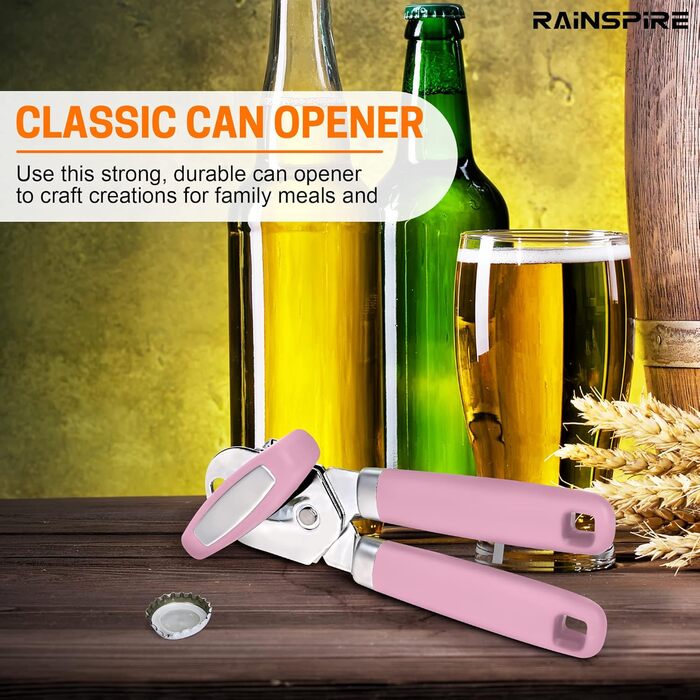 Відкривач консерв Rainspire: ручний, міцний, з плавним зрізом, з відкривачем пляшок, рожевий