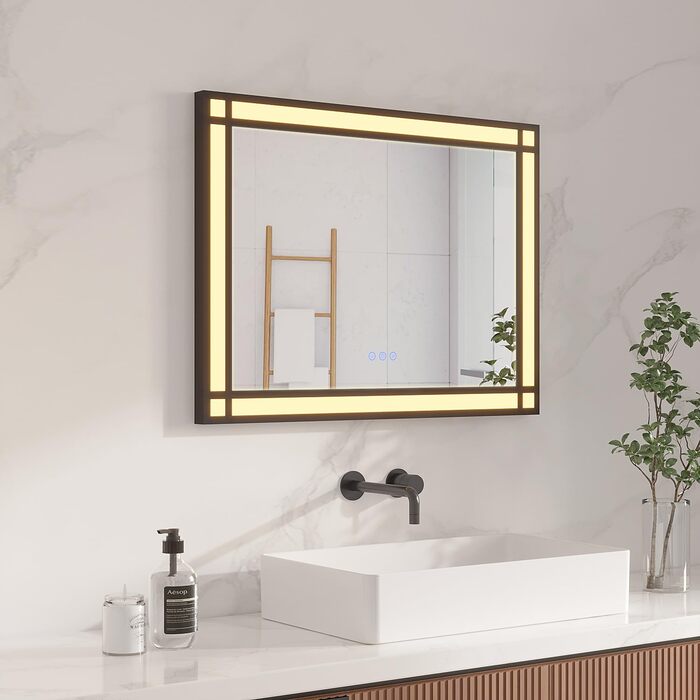 Дзеркало для ванної кімнати AQUABATOS LED з підсвічуванням 50x70 см, імітація вікна, сенсорне регулювання, регулювання яскравості, холодний білий, протизапотівання, чорний алюмінієвий каркас, декор у індустріальному стилі