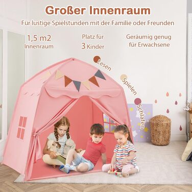Дитячий ігровий будиночок COSTWAY, намет для дітей з прапорцями та гірляндою, намет принцеси, великий намет у дитячу кімнату для хлопчиків та дівчаток від 3 років, 157 x 98 x 148 см (Рожевий)