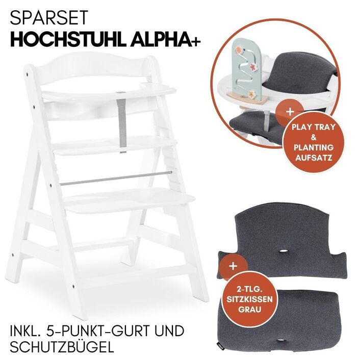 Дитячий стільчик Hauck Alpha+ з підносом Play Tray, м'яке сидіння, регульований - для дітей від 6 місяців, з дерева, білий