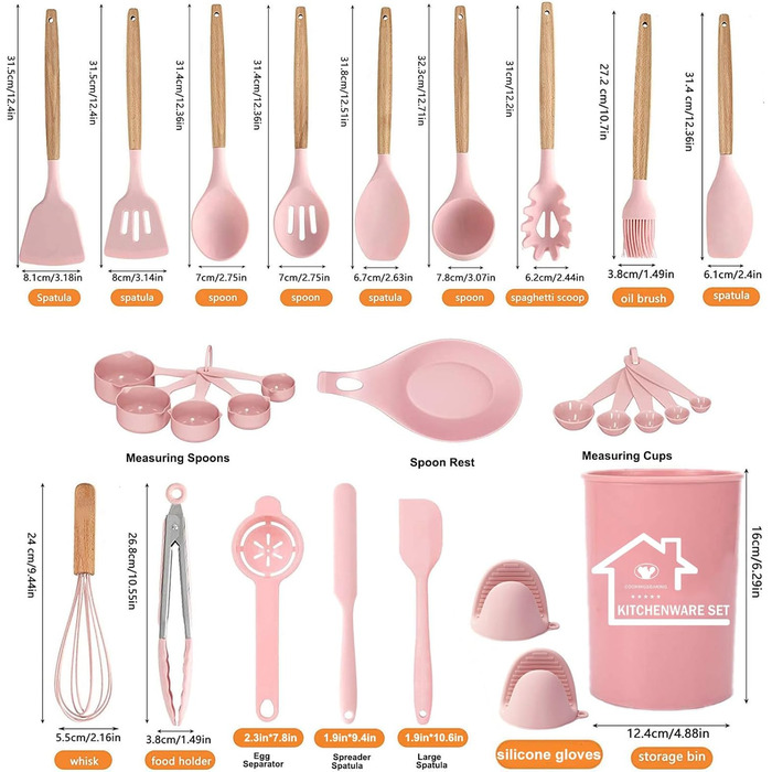 Набір кухонних аксесуарів з силікону, 28 предметів, набір лопаток з підставкою для антипригарного посуду (Рожевий)