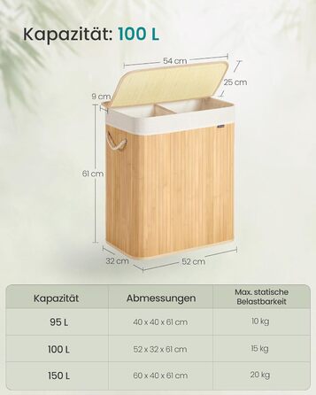 SONGMICS Кошик для білизни 95 л з кришкою, бамбук, з ручками, складний, знімний мішок для прання, для пральні, LCB060Y01