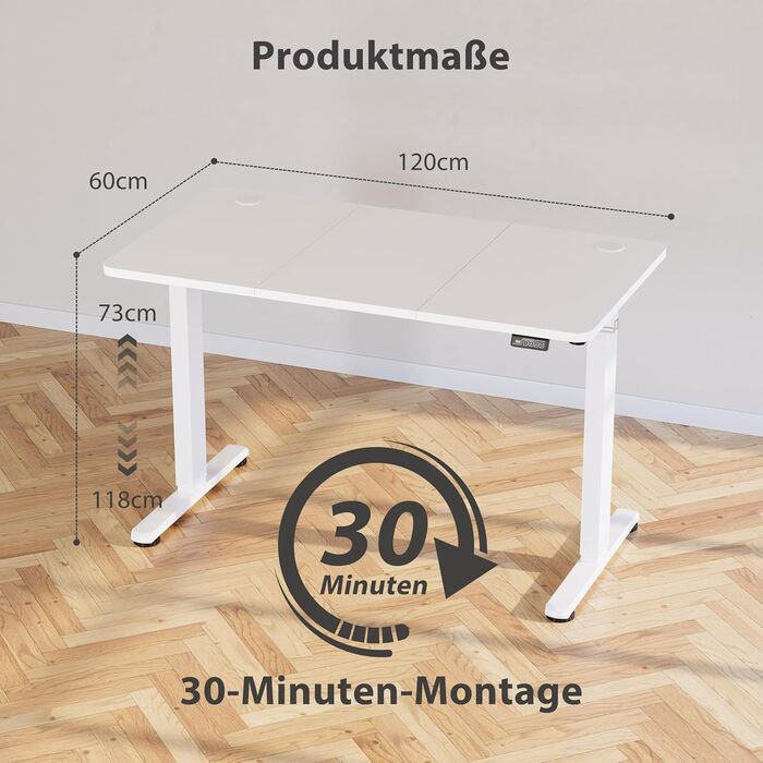 Регульований стіл для роботи з USB-C, електричний, з пам'яттю, 120x60 см, білий. Стіл для офісу, стоячий, комп'ютерний.