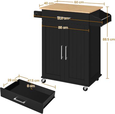 Кухонний візок Yaheetech з висувною шухлядою та 3 шафками, чорний, 66 x 45,5 x 91,5 см