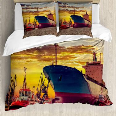 Набір морських підковдр для односпальних ліжок, великий корабель на заході сонця, захист від кліщів Алергікам Підходить з наволочкою, Multi (200 см x 200 см - 80 x 80 см, Multicolor)