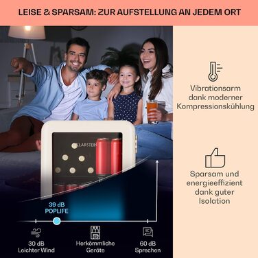 Klarstein Mini Холодильник з скляними дверцятами, 48L, для кімнати та офісу, з висувною полицею, тихий, 0-10°C, 48 літрів, Клас енергоефективності E, кремовий