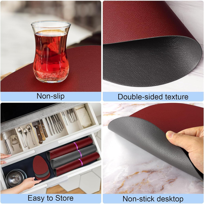 Набір з 6 підставників під тарілки, миючіся з підставками, двосторонні, з імітацією шкіри, водонепроникні, для обіднього столу, кухні, ресторану та дому (червоний)