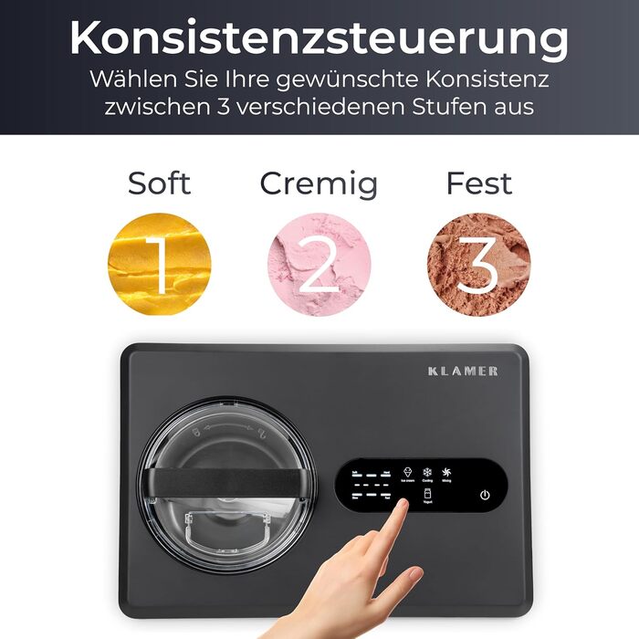 Машина для приготування морозива та йогурту KLAMER 2-в-1, 2 л, 220 В, з нержавіючої сталі, з функцією охолодження та нагрівання, самостійно охолоджується, регулювання консистенції, чорний