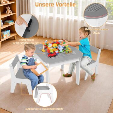 Дитячий стіл та стільці Clevich - комплект для дитячої кімнати (сірий), з місцем для зберігання та дошкою для малювання