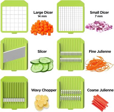Ручний овочевий слайсер-мандоліна з 6 лезами та контейнером 3.3L - професійний овочевий слайсер з захистом рук, багатофункціональний, для слайсів, жульєну та подрібнення цибулі, чорно-зелений